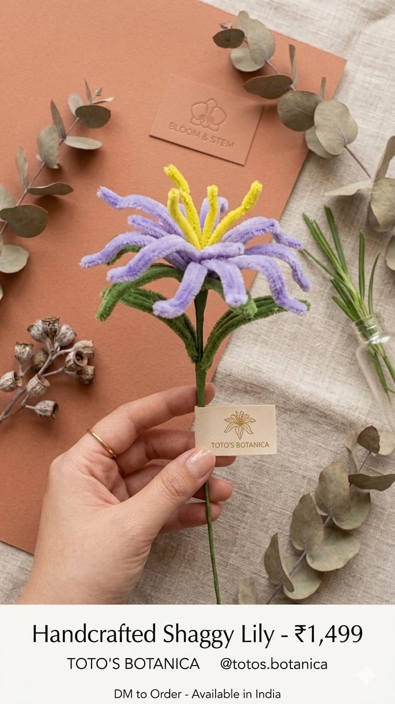 Hand-crocheted shaggy lily with soft lilac petals and a yellow centre.