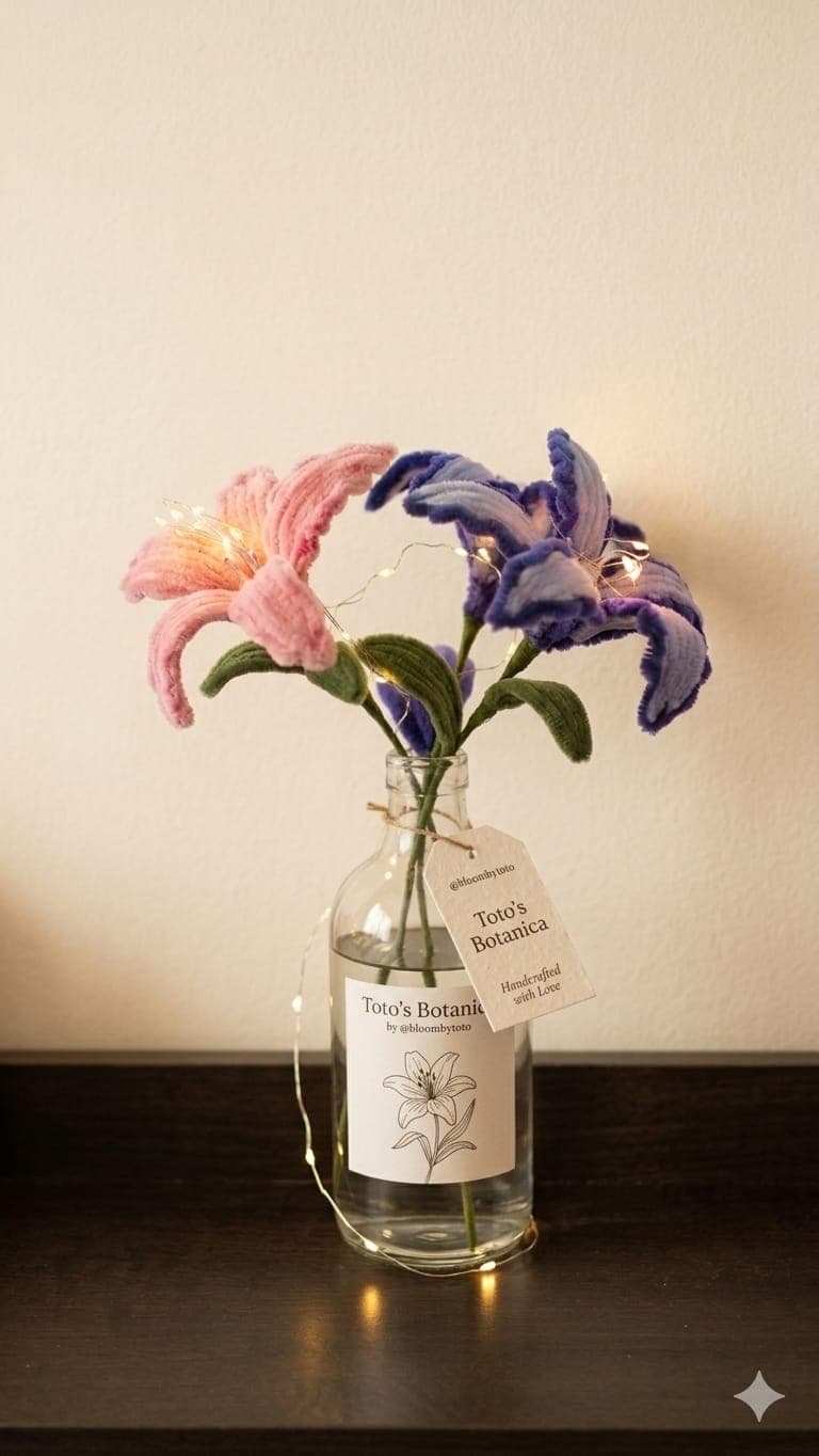 A crochet bouquet of pink and blue lilies arranged in a clear bottle vase.
